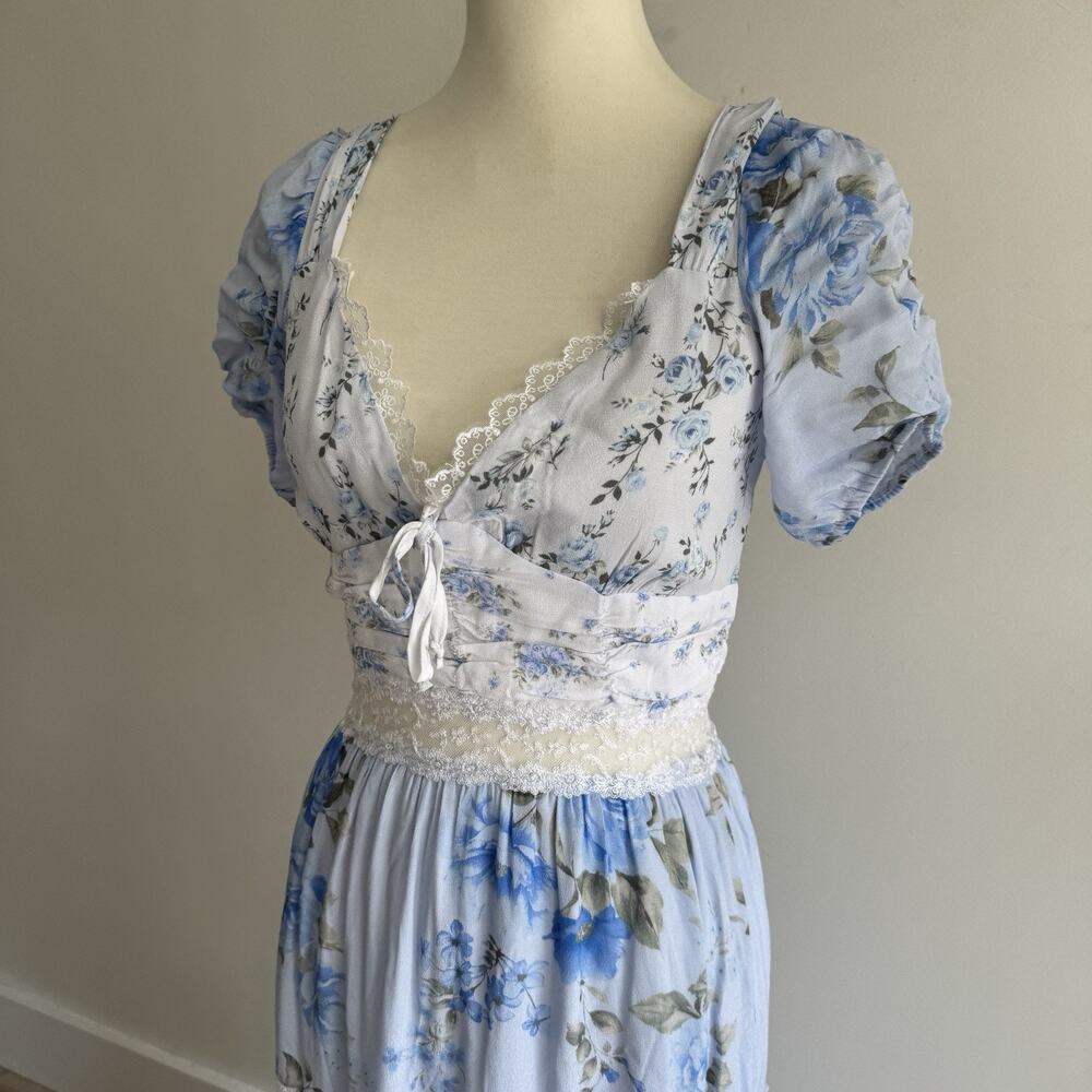 Altard State Cottage Core Blue Floral Lace Tiered Maxi Dresss Small AM - Picture 2 of 4